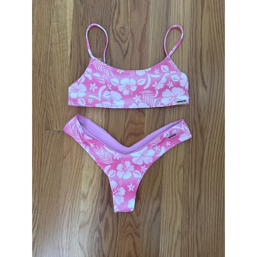 Blackbough Swim Pink Hibiscus Floral Bikini Set Medium High Cut Cheeky Bralette‎